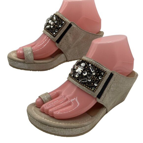 Donald J Pliner Womens 7.5 Embellished Tan Metallic Bronze Wedge Sandals Boho - Picture 3 of 12